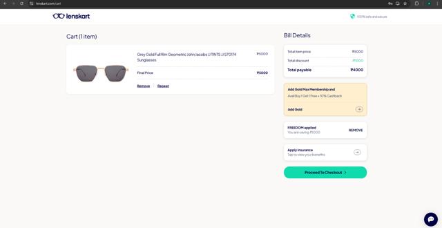 Lenskart checkout page showing Lenskart promo code box | Screenshot taken by SimplyCodes community member on Aug 24, 2025