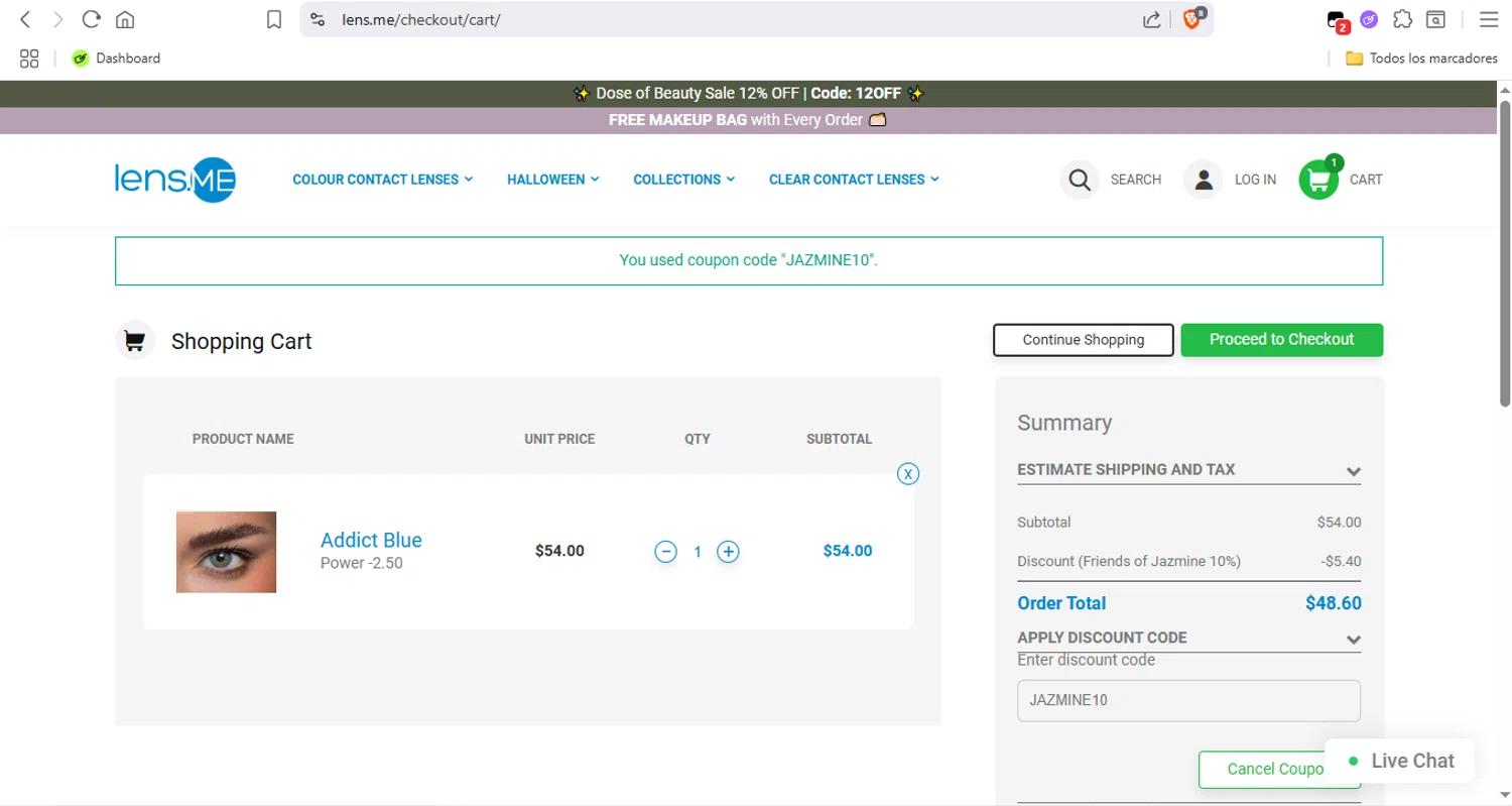 Lens.me discount code screenshot showing code JAZMINE10 applied at Lens.me checkout page. Uploaded by SimplyCodes community member Fabio05 on Jul 17, 2025