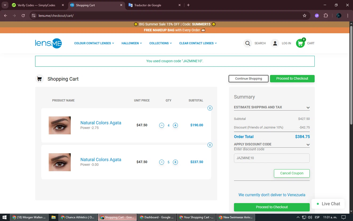 Lens.me discount code screenshot showing code JAZMINE10 applied at Lens.me checkout page. Uploaded by SimplyCodes community member Kurokenshi on Jun 18, 2025