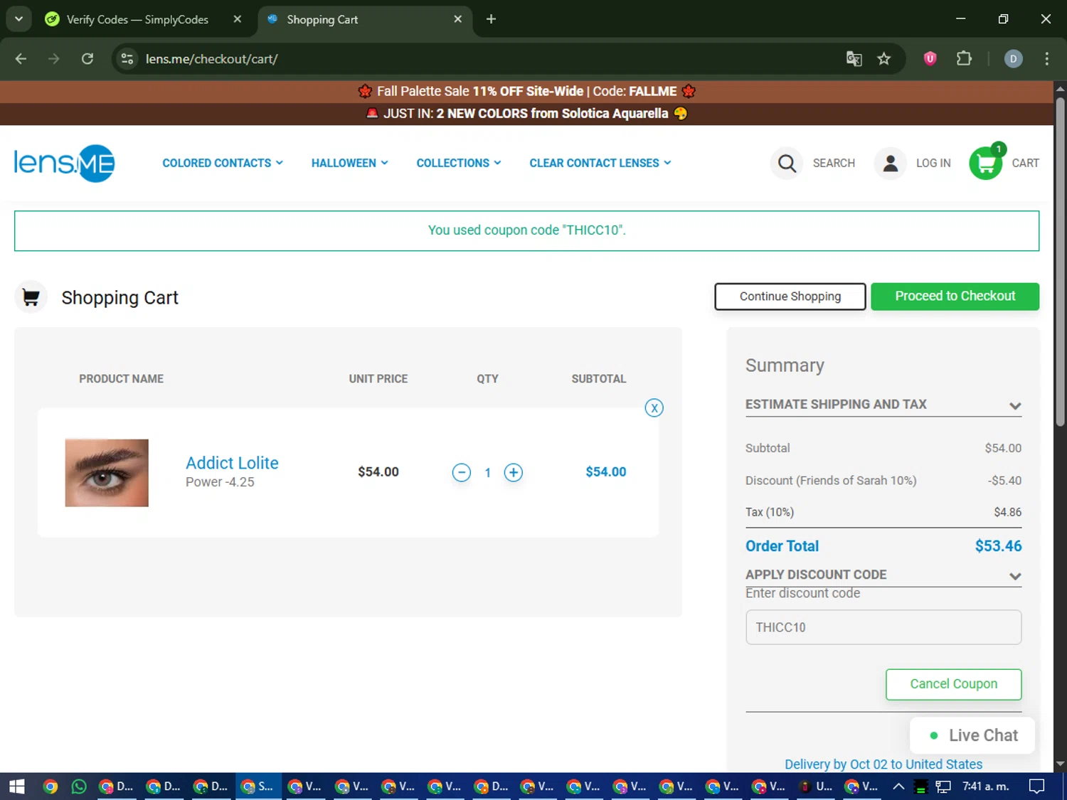 Lens.me discount code screenshot showing code THICC10 applied at Lens.me checkout page. Uploaded by SimplyCodes community member CleverCurator2558 on Sep 27, 2025