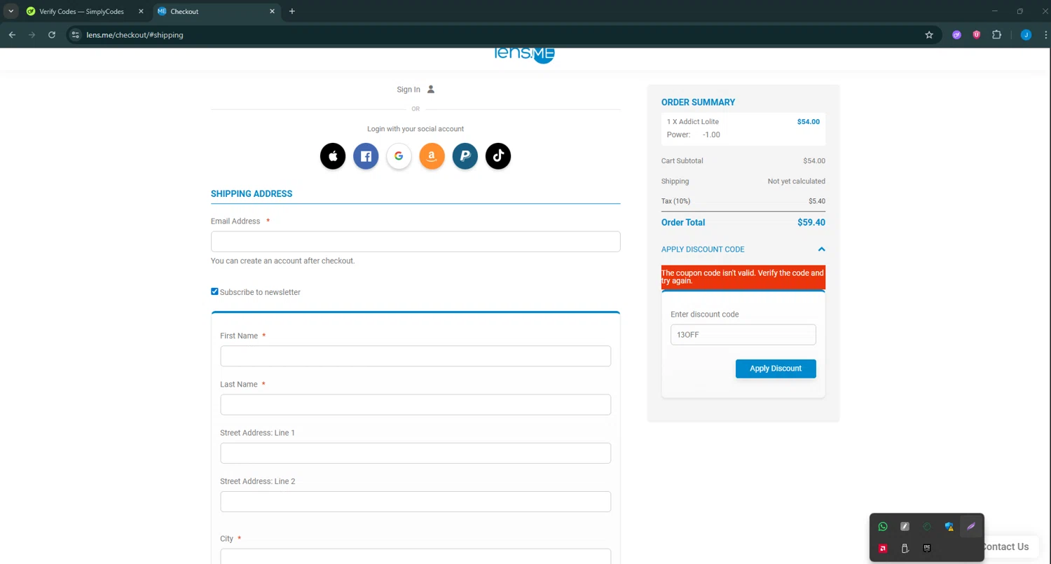 Lens.me discount code screenshot showing code 13OFF applied at Lens.me checkout page. Uploaded by SimplyCodes community member BargainGuardian280 on Nov 28, 2025