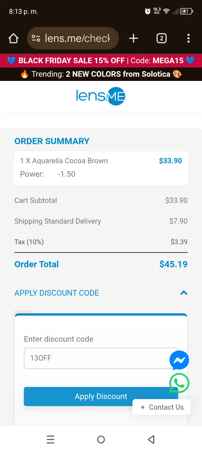 Lens.me discount code screenshot showing code 13OFF applied at Lens.me checkout page. Uploaded by SimplyCodes community member Rossimar on Nov 28, 2025