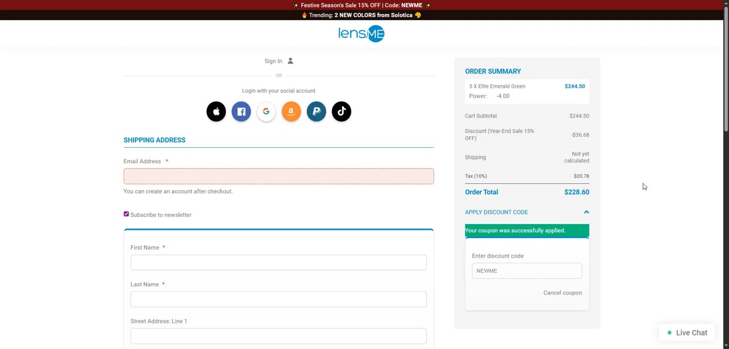 Lens.me checkout page showing Lens.me discount code box | Screenshot taken by SimplyCodes community member on Dec 18, 2025
