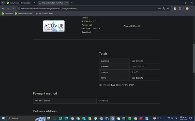 LensPure checkout page showing LensPure coupon code box | Screenshot taken by SimplyCodes community member on Aug 19, 2024