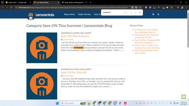 LensRentals.com checkout page showing LensRentals.com promo code box | Screenshot taken by SimplyCodes community member on Aug 25, 2025