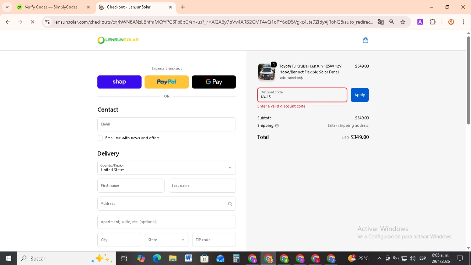 LensunSolar promo code screenshot showing code NY-15 applied at LensunSolar checkout page. Uploaded by SimplyCodes community member RebateCollector5909 on Jan 29, 2026