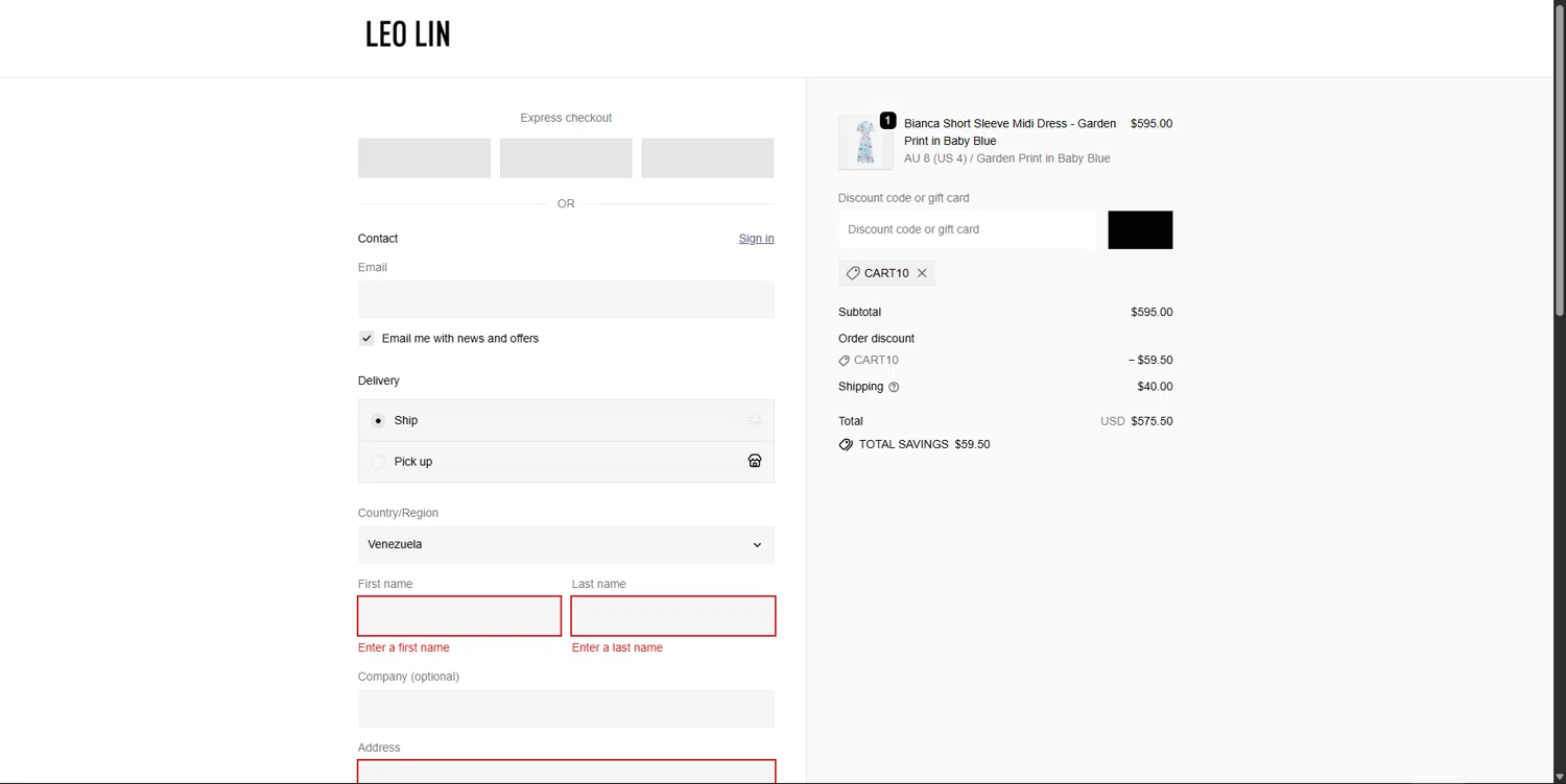 LEO LIN promo code screenshot showing code Cart10 applied at LEO LIN checkout page. Uploaded by SimplyCodes community member GloriousCollector3551 on Sep 23, 2025