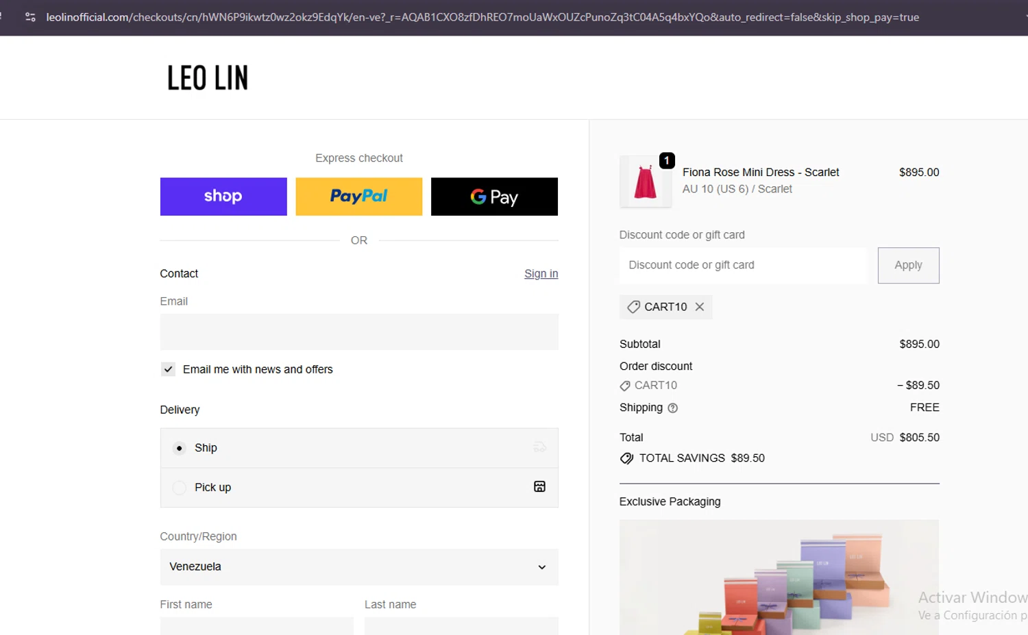 LEO LIN promo code screenshot showing code Cart10 applied at LEO LIN checkout page. Uploaded by SimplyCodes community member Samu10 on Dec 14, 2025