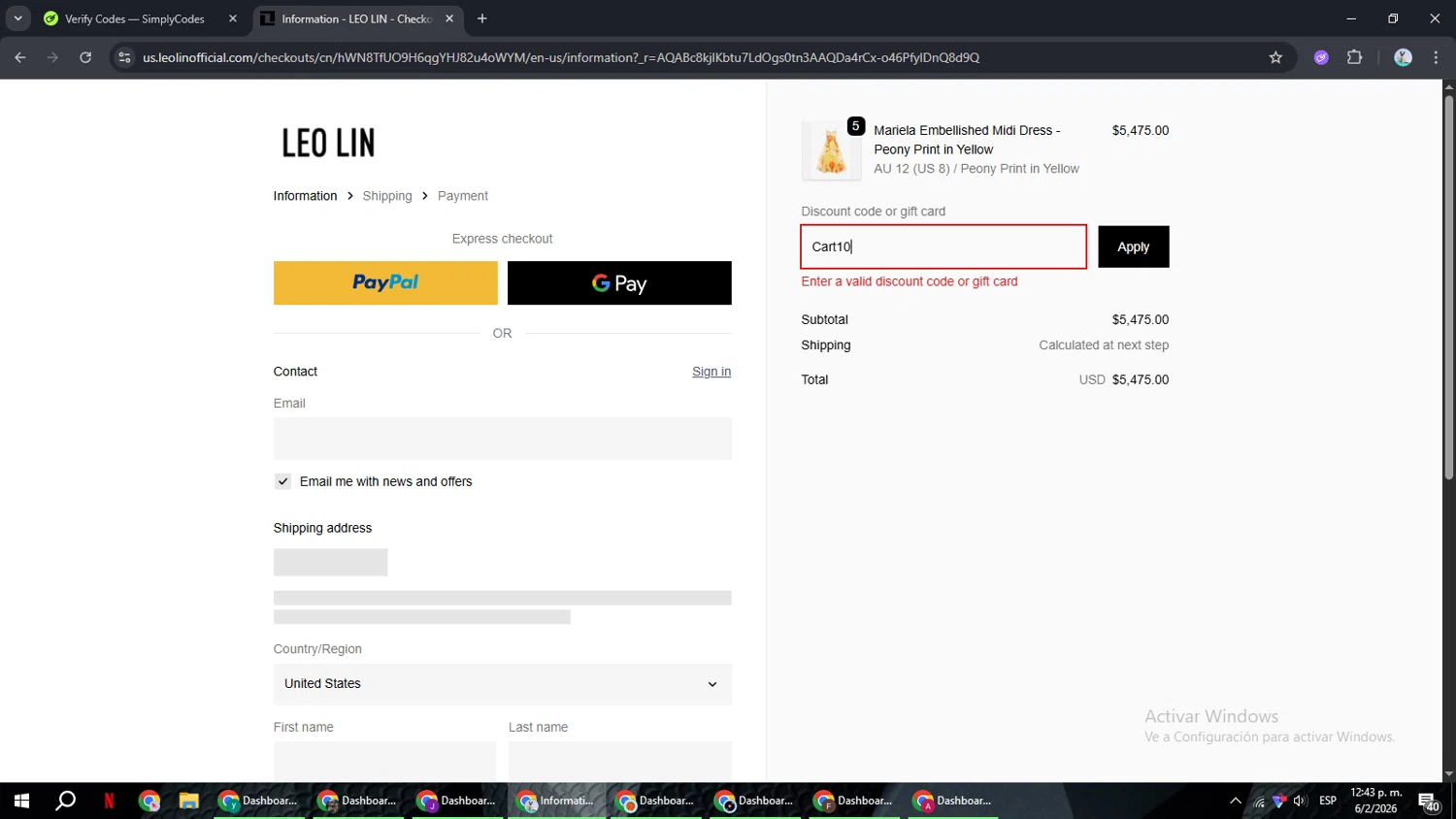 LEO LIN promo code screenshot showing code Cart10 applied at LEO LIN checkout page. Uploaded by SimplyCodes community member ShrewdSeeker6165 on Feb 6, 2026