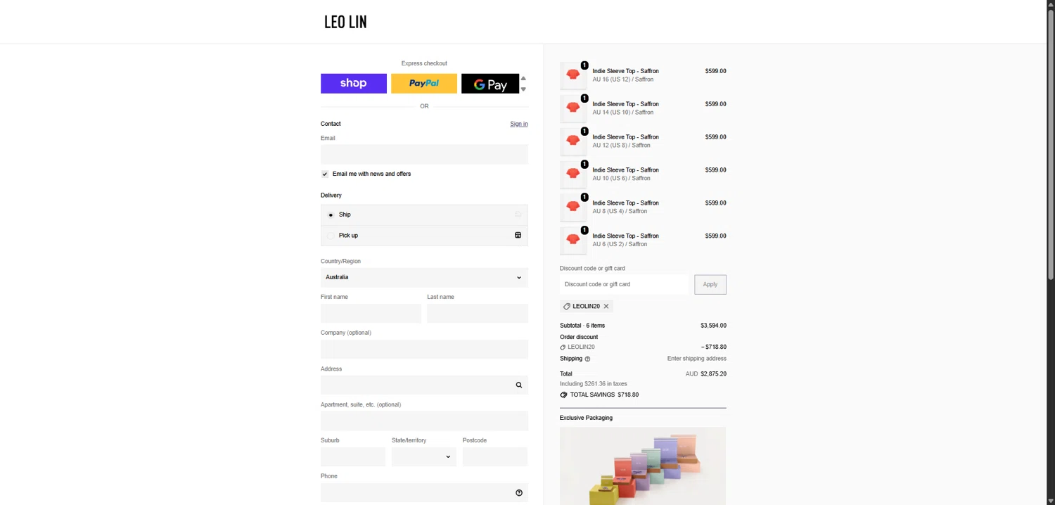LEO LIN checkout page showing LEO LIN promo code box | Screenshot taken by SimplyCodes community member on Feb 9, 2026
