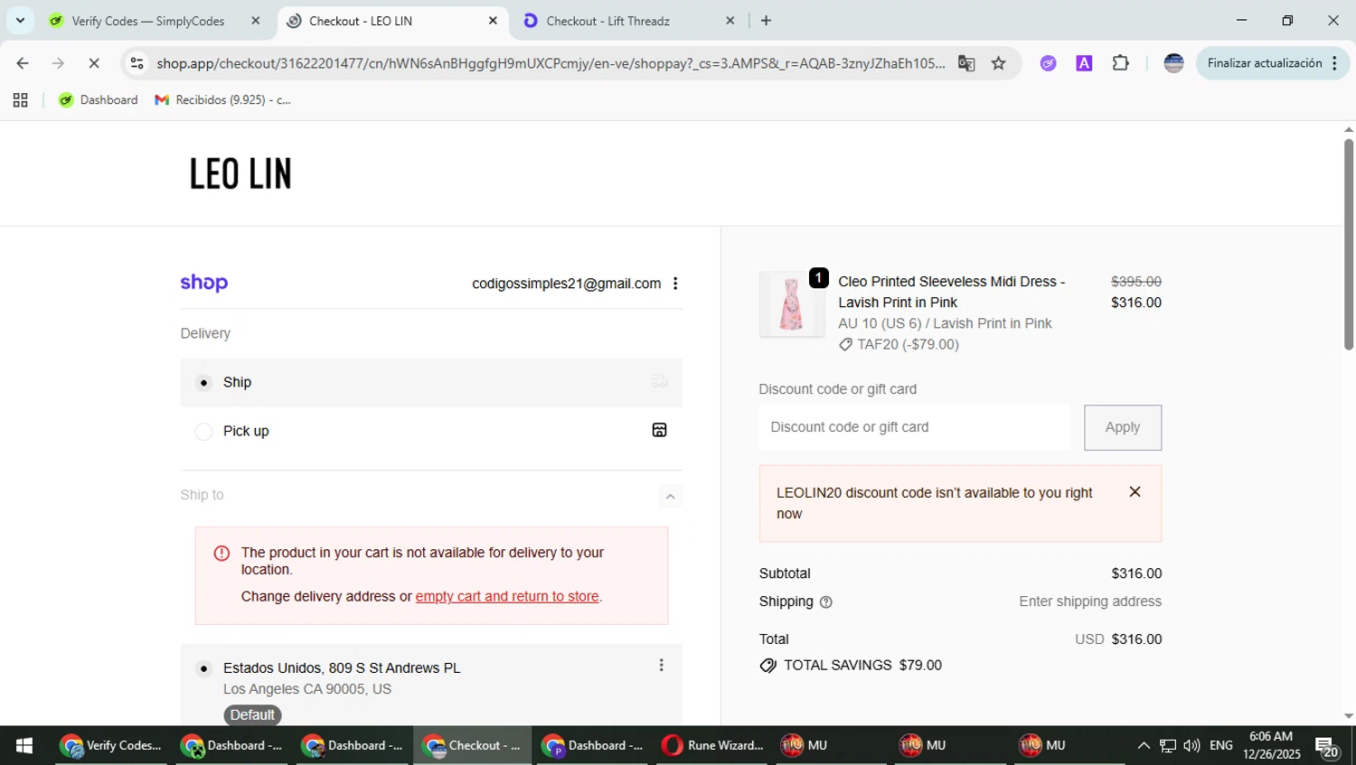 LEO LIN promo code screenshot showing code leolin20 applied at LEO LIN checkout page. Uploaded by SimplyCodes community member Typhlosion on Dec 26, 2025