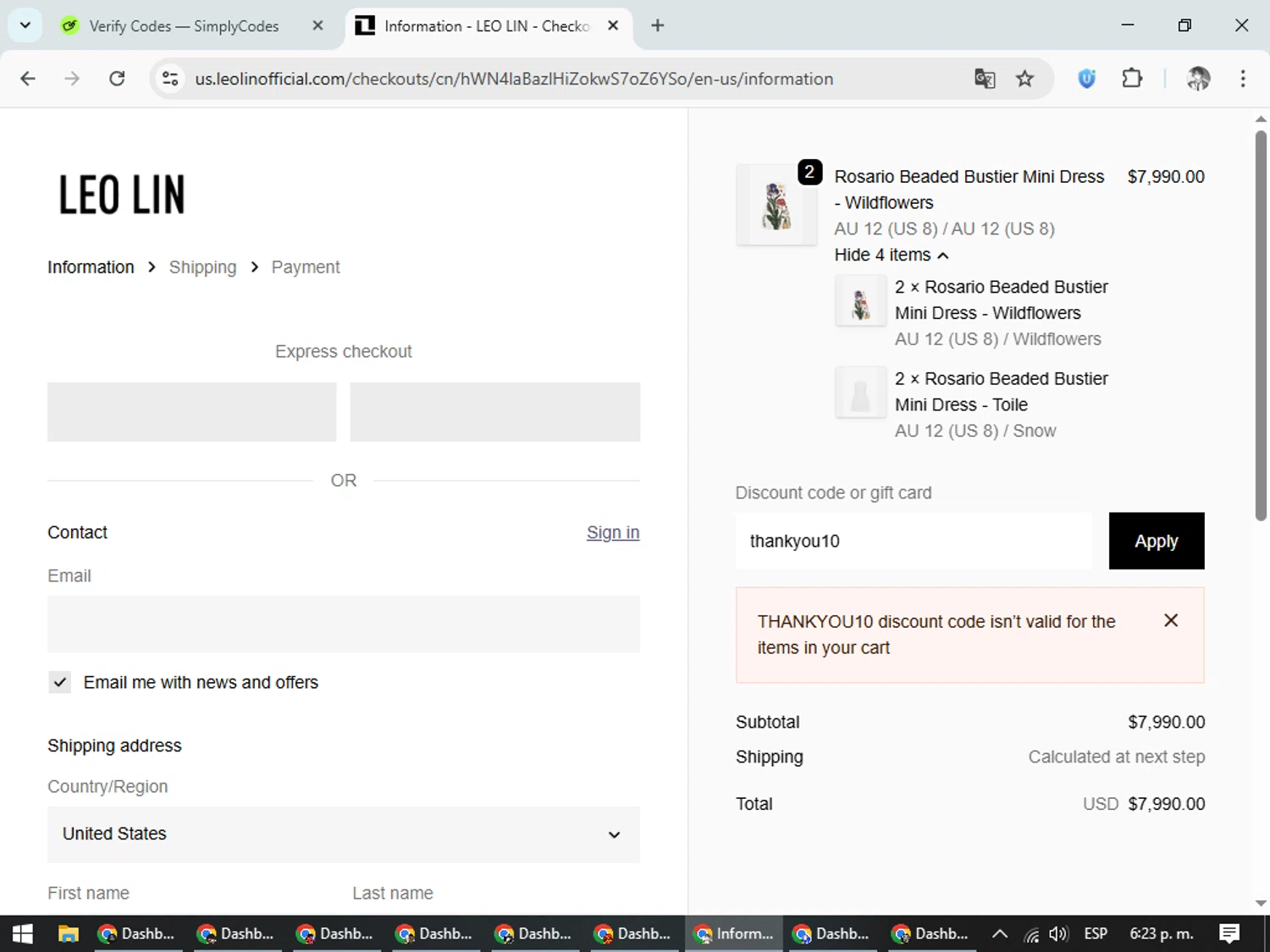 LEO LIN promo code screenshot showing code thankyou10 applied at LEO LIN checkout page. Uploaded by SimplyCodes community member CleverLegend6607 on Oct 31, 2025