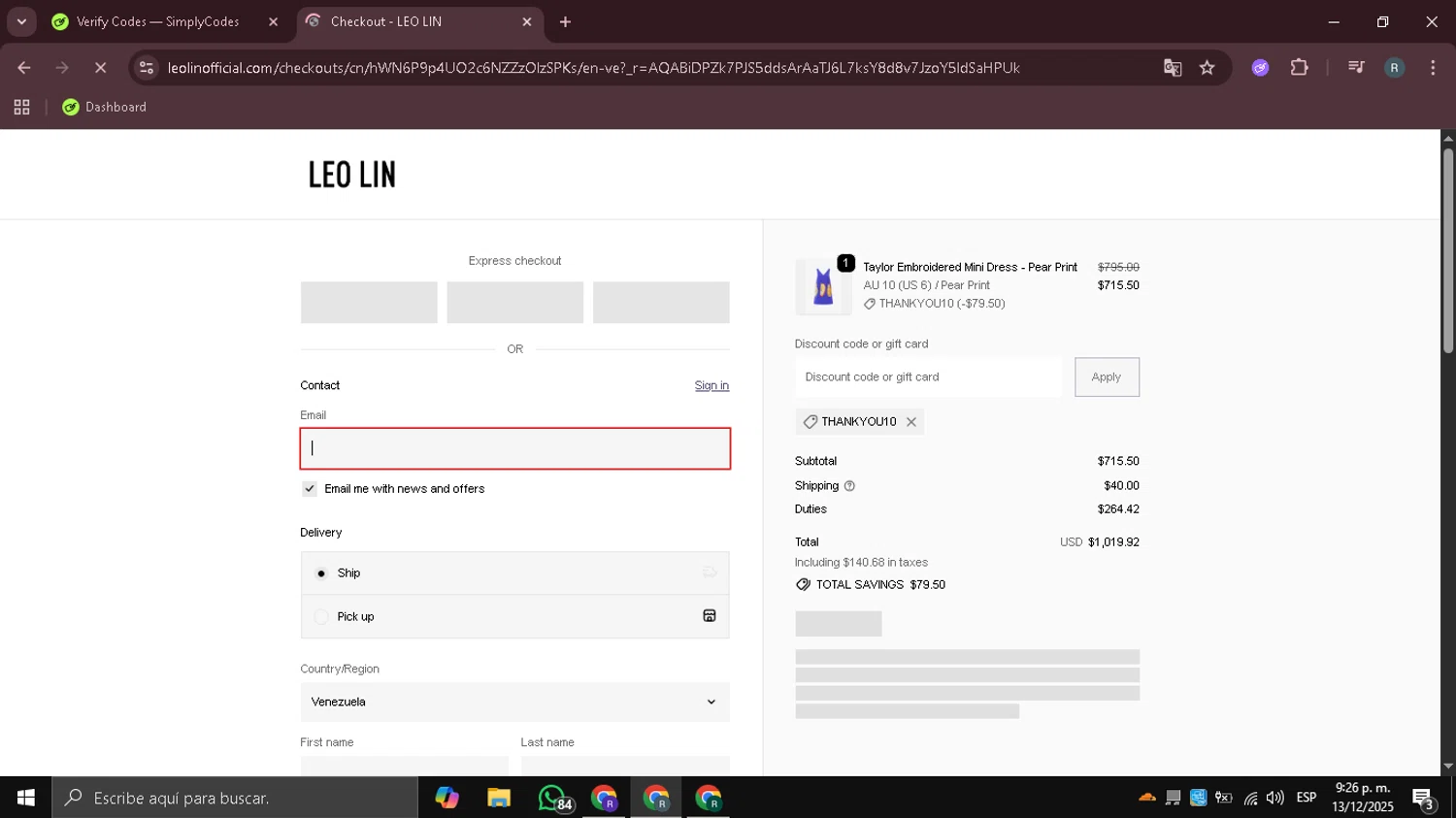 LEO LIN promo code screenshot showing code thankyou10 applied at LEO LIN checkout page. Uploaded by SimplyCodes community member DealHawk3765 on Dec 14, 2025