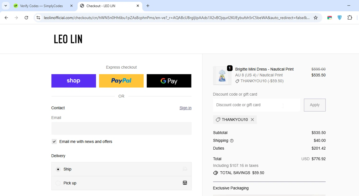 LEO LIN promo code screenshot showing code thankyou10 applied at LEO LIN checkout page. Uploaded by SimplyCodes community member Paolita on Nov 27, 2025
