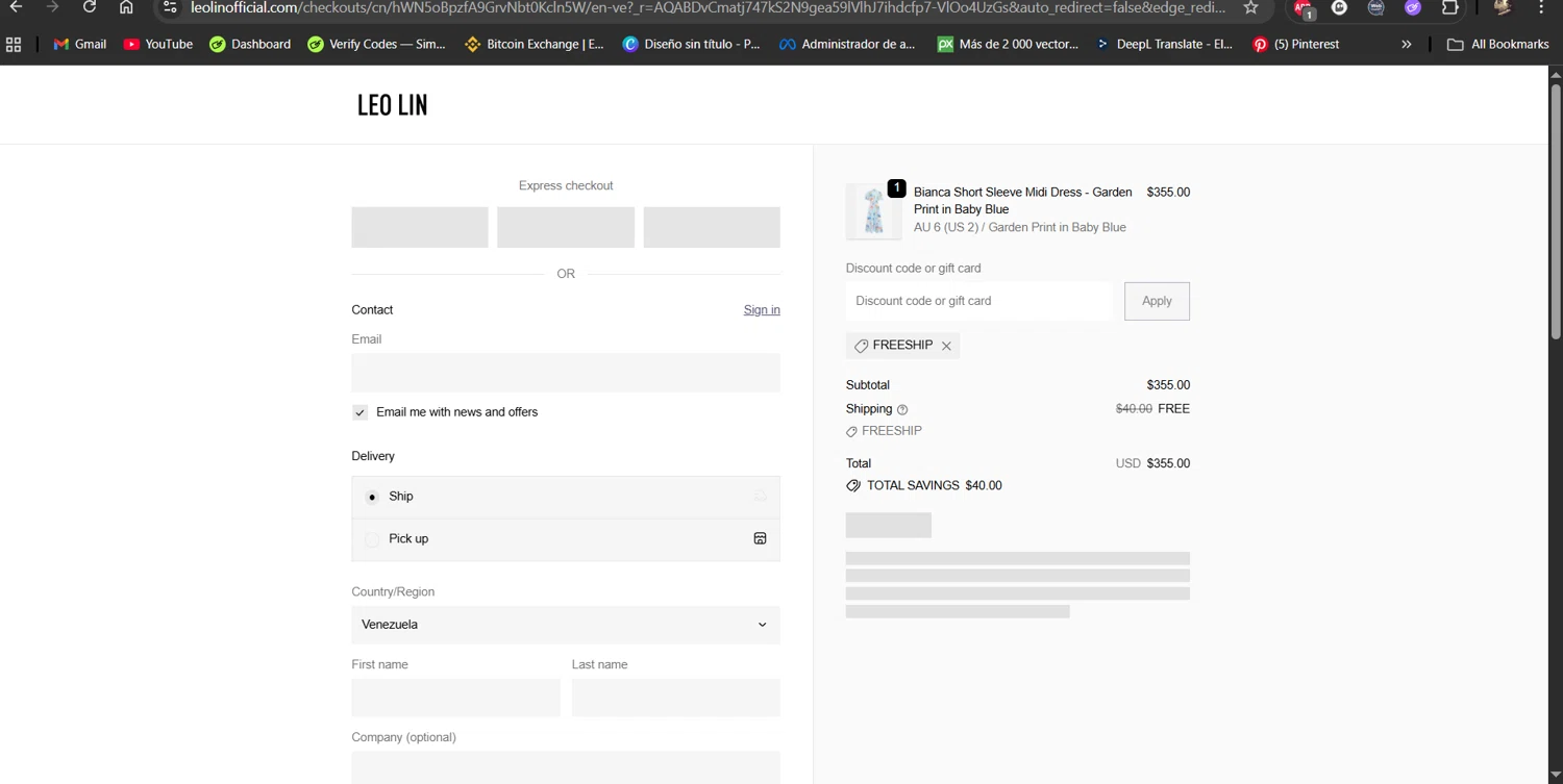 LEO LIN promo code screenshot showing code freeship applied at LEO LIN checkout page. Uploaded by SimplyCodes community member LiShang on Nov 28, 2025