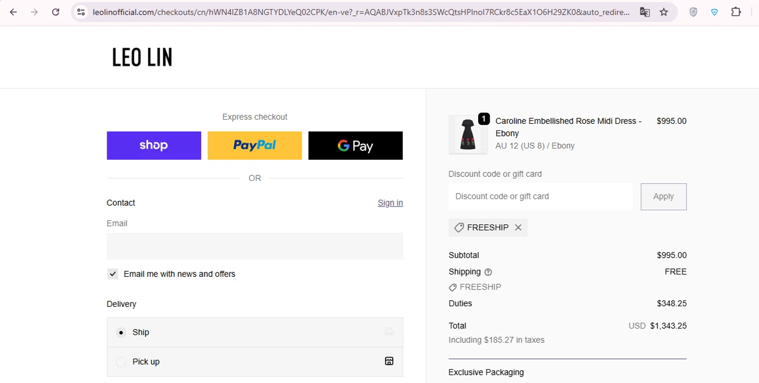 LEO LIN promo code screenshot showing code freeship applied at LEO LIN checkout page. Uploaded by SimplyCodes community member carol_lameda on Nov 28, 2025