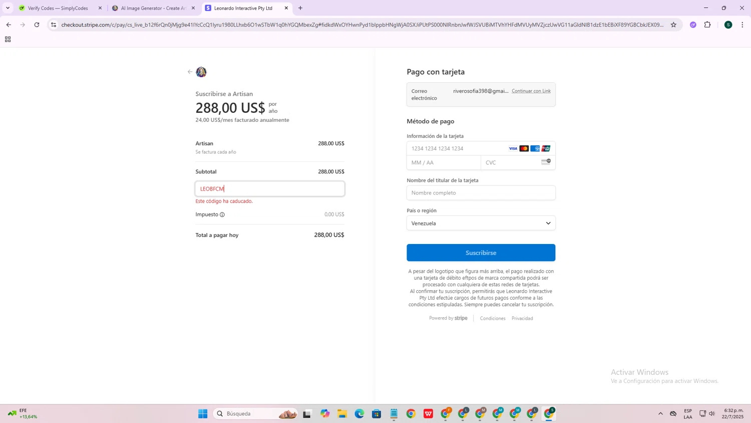 Leonardo.Ai promo code screenshot showing code LEOBFCM applied at Leonardo.Ai checkout page. Uploaded by SimplyCodes community member PromoExpert3105 on Jul 22, 2025