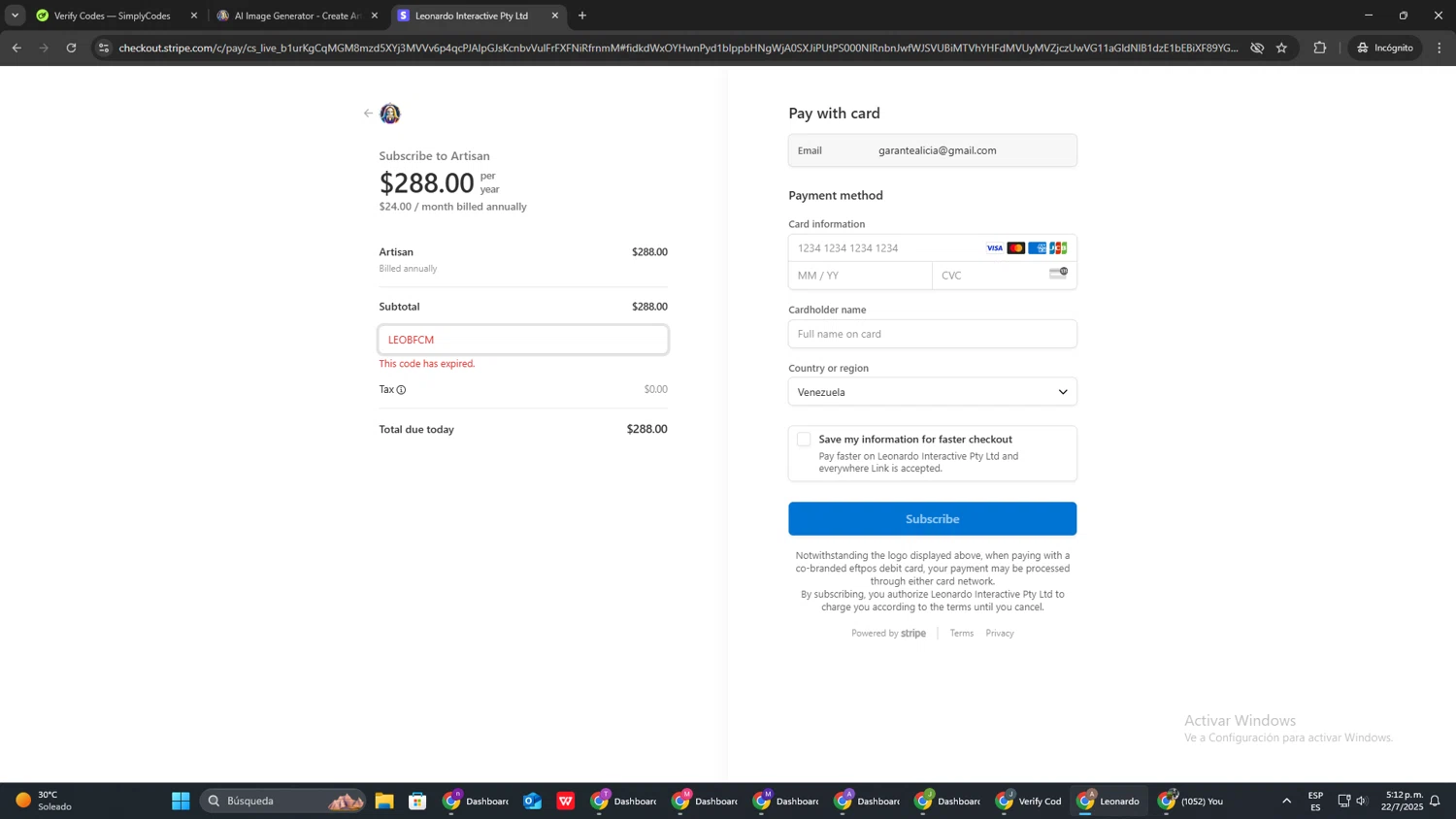 Leonardo.Ai promo code screenshot showing code LEOBFCM applied at Leonardo.Ai checkout page. Uploaded by SimplyCodes community member SwiftSage2309 on Jul 22, 2025