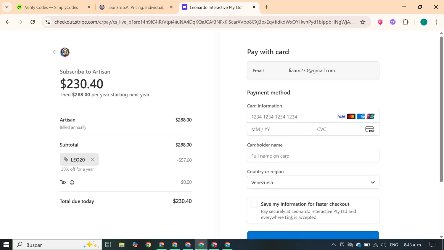 Leonardo.Ai promo code screenshot showing code LEO20 applied at Leonardo.Ai checkout page. Uploaded by SimplyCodes community member ExtraordinaryKnight690 on Jan 17, 2026