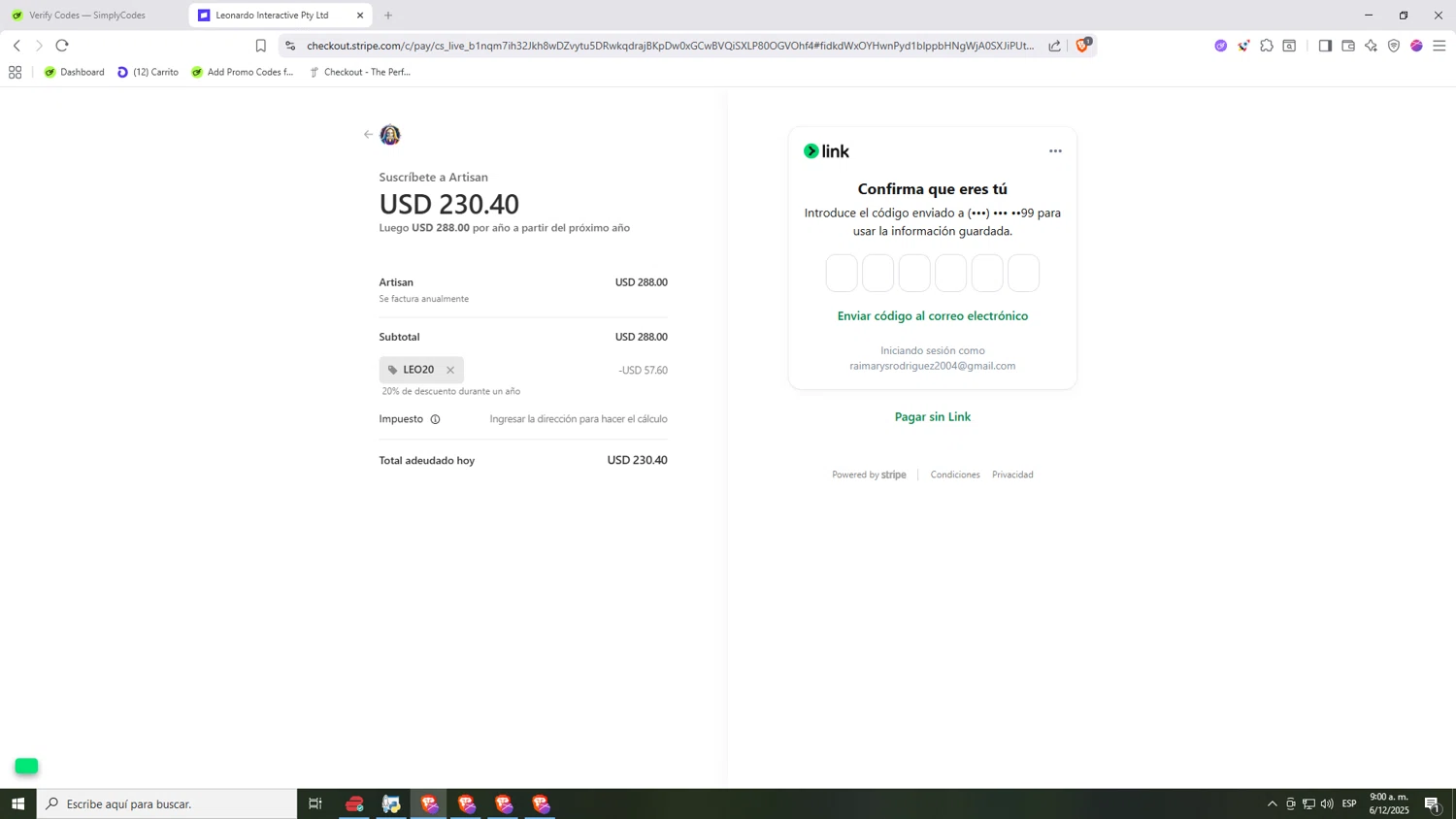 Leonardo.Ai checkout page showing Leonardo.Ai promo code box | Screenshot taken by SimplyCodes community member on Dec 6, 2025