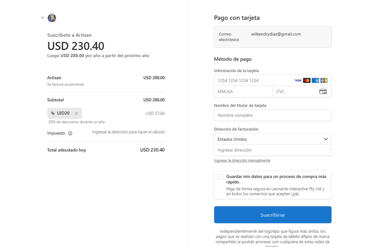 Leonardo.Ai checkout page showing Leonardo.Ai promo code box | Screenshot taken by SimplyCodes community member on Nov 16, 2025