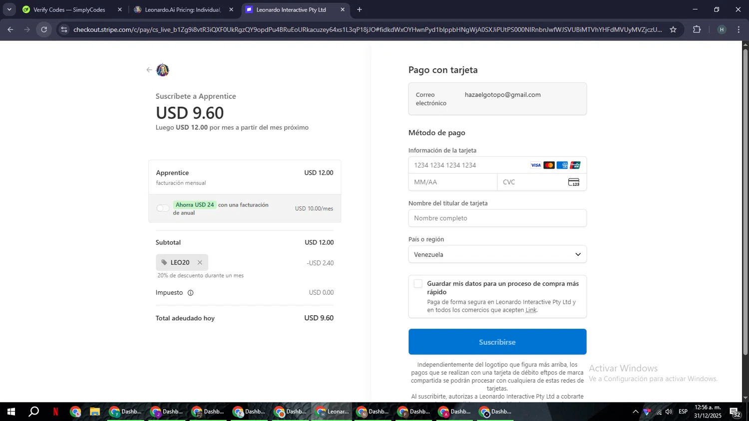 Leonardo.Ai checkout page showing Leonardo.Ai promo code box | Screenshot taken by SimplyCodes community member on Dec 31, 2025