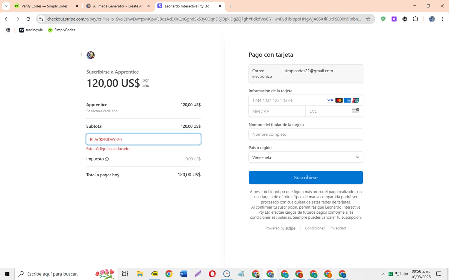 Leonardo.Ai promo code screenshot showing code BLACKFRIDAY-20 applied at Leonardo.Ai checkout page. Uploaded by SimplyCodes community member JoseH45 on Mar 10, 2025