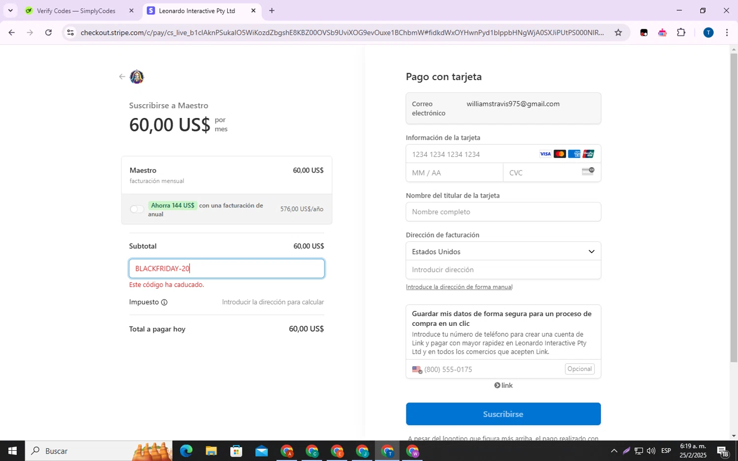 Leonardo.Ai promo code screenshot showing code BLACKFRIDAY-20 applied at Leonardo.Ai checkout page. Uploaded by SimplyCodes community member WonderVirtuoso7677 on Feb 25, 2025