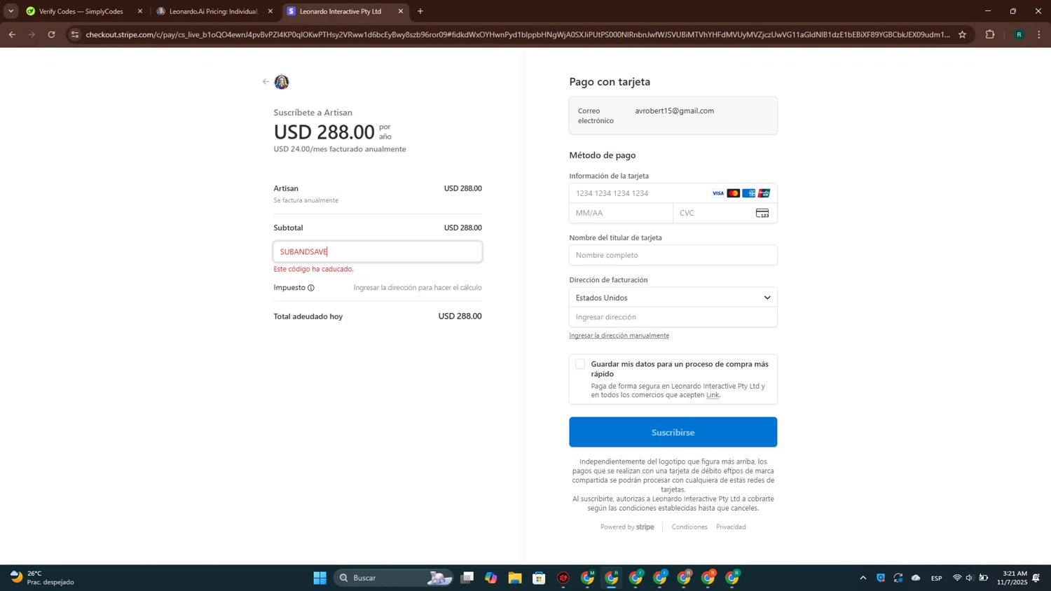 Leonardo.Ai promo code screenshot showing code SUBANDSAVE applied at Leonardo.Ai checkout page. Uploaded by SimplyCodes community member ScanPioneer7706 on Nov 7, 2025