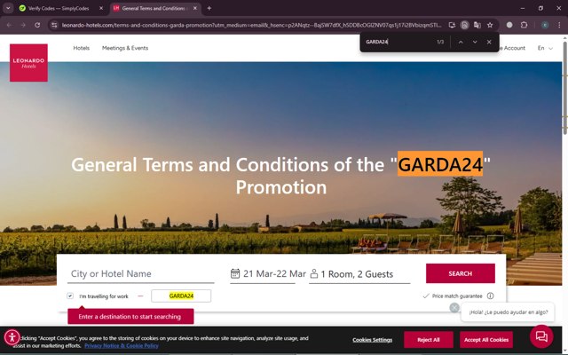 Leonardo  Hotels checkout page showing Leonardo  Hotels promo code box | Screenshot taken by SimplyCodes community member on Mar 21, 2025