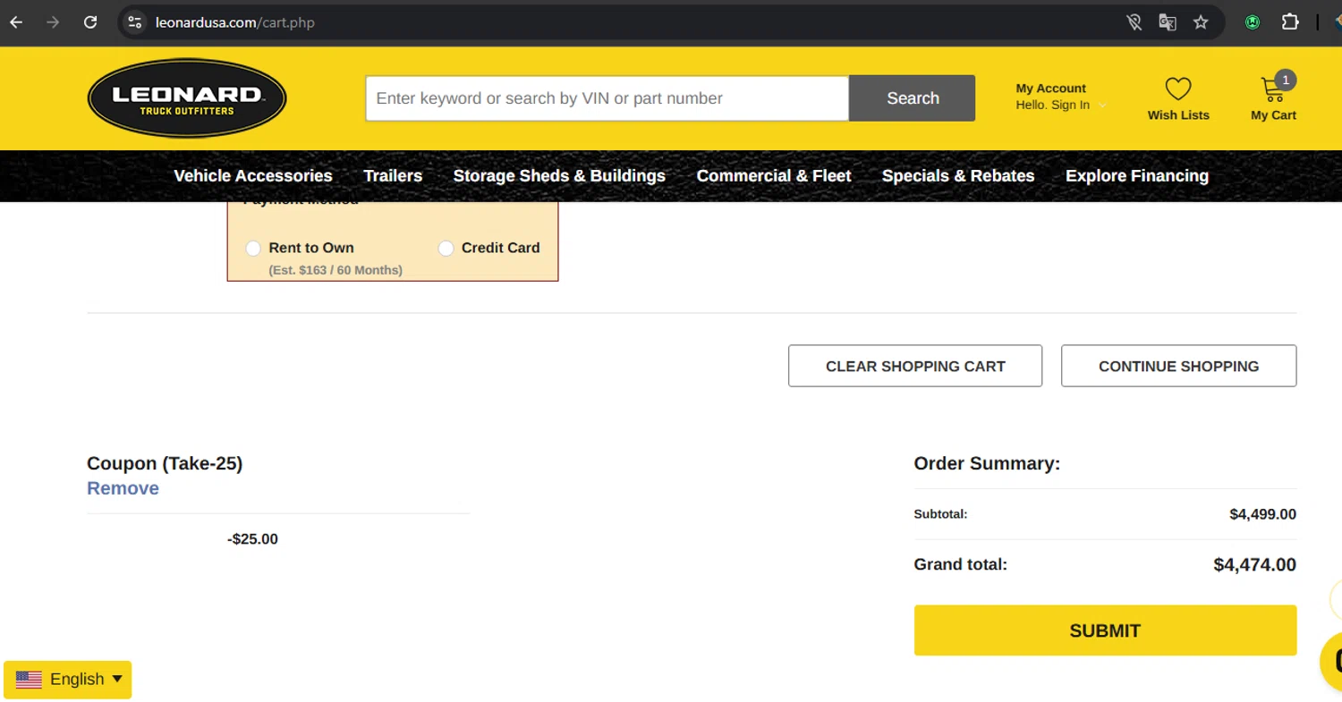 Leonard USA promo code screenshot showing code Take-25 applied at Leonard USA checkout page. Uploaded by SimplyCodes community member RoyalSpotter5217 on May 31, 2025