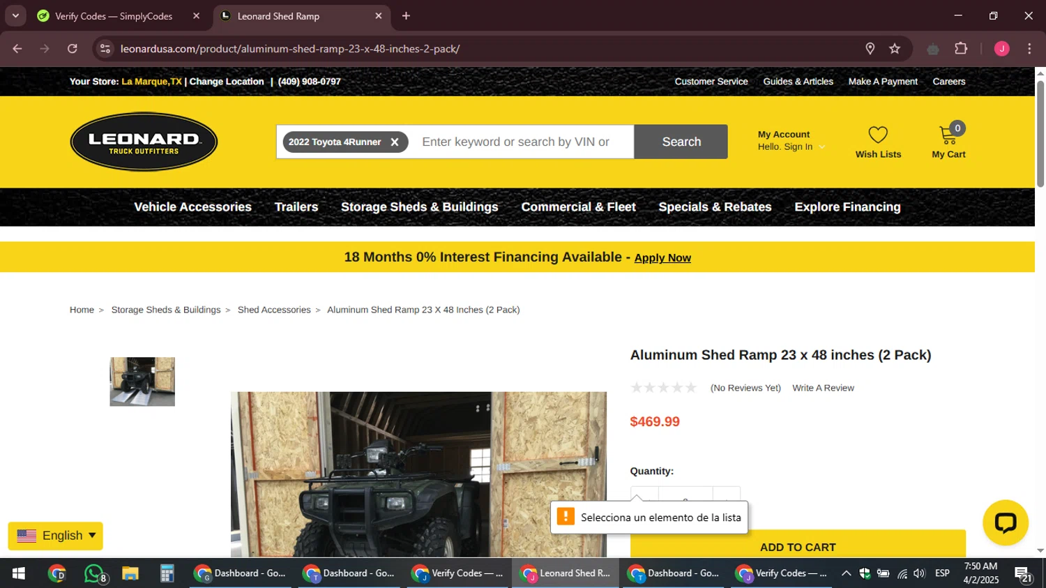 Leonard USA checkout page showing Leonard USA promo code box | Screenshot taken by SimplyCodes community member on Apr 2, 2025