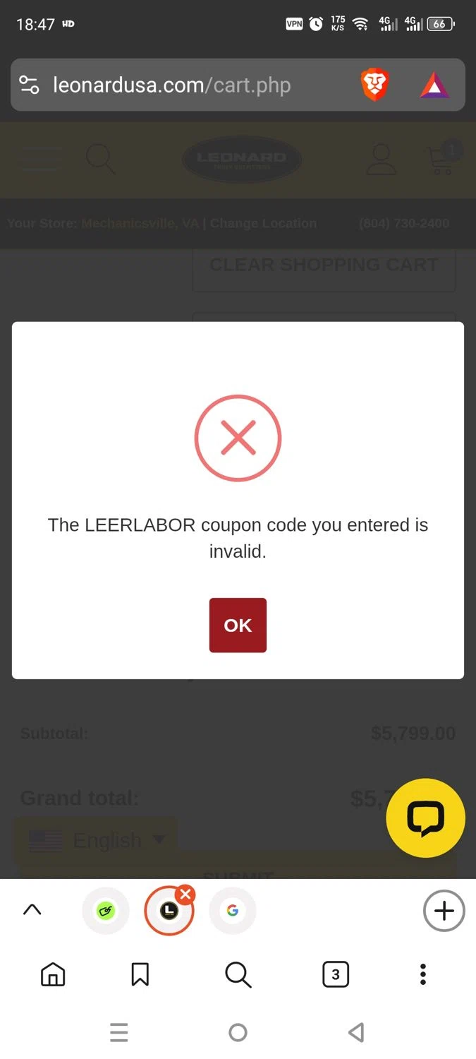 Leonard USA promo code screenshot showing code LEERLABOR applied at Leonard USA checkout page. Uploaded by SimplyCodes community member dayselis15 on Oct 10, 2025