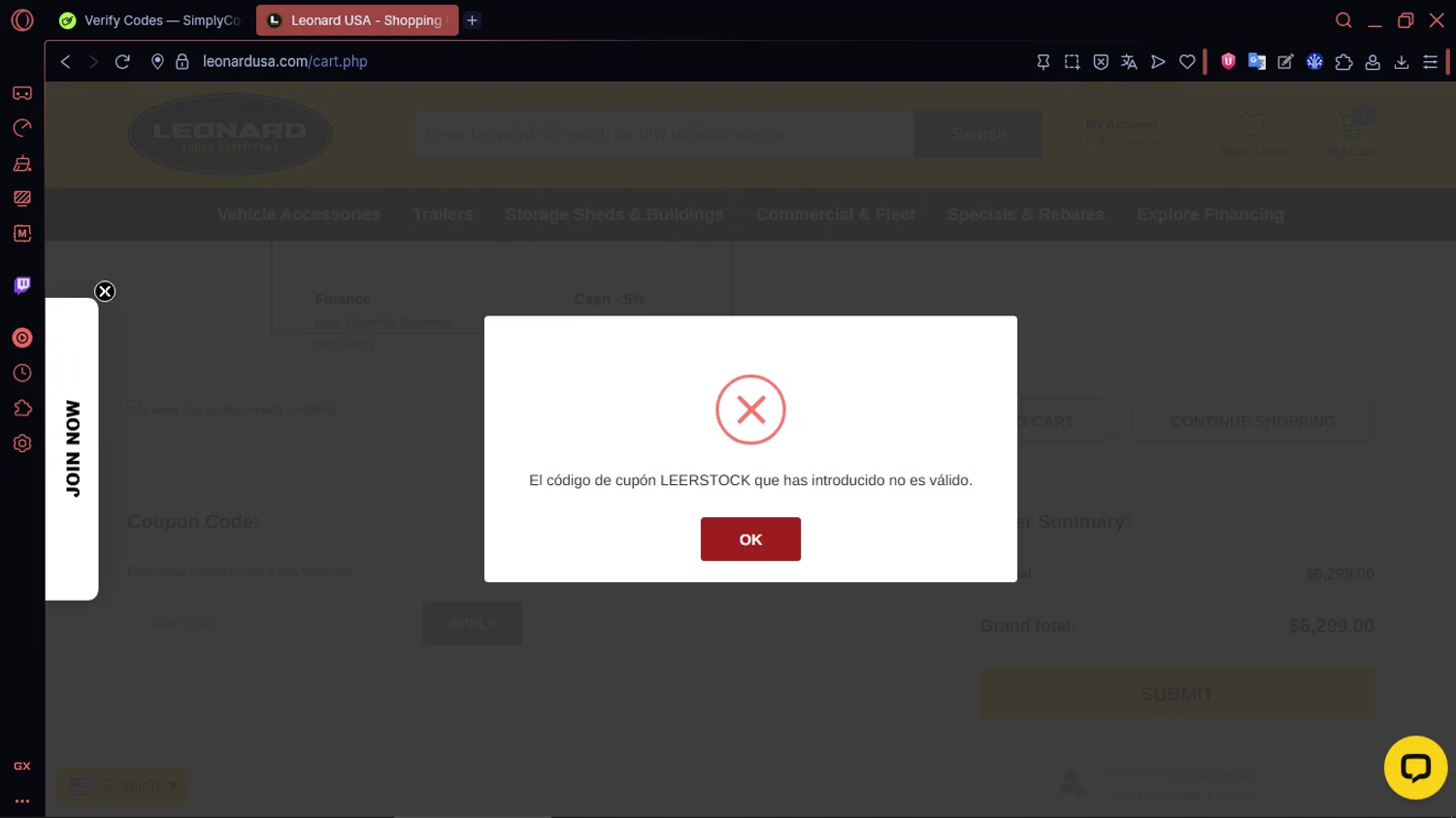 Leonard USA promo code screenshot showing code LEERSTOCK applied at Leonard USA checkout page. Uploaded by SimplyCodes community member MoneySentinel1166 on Nov 9, 2025
