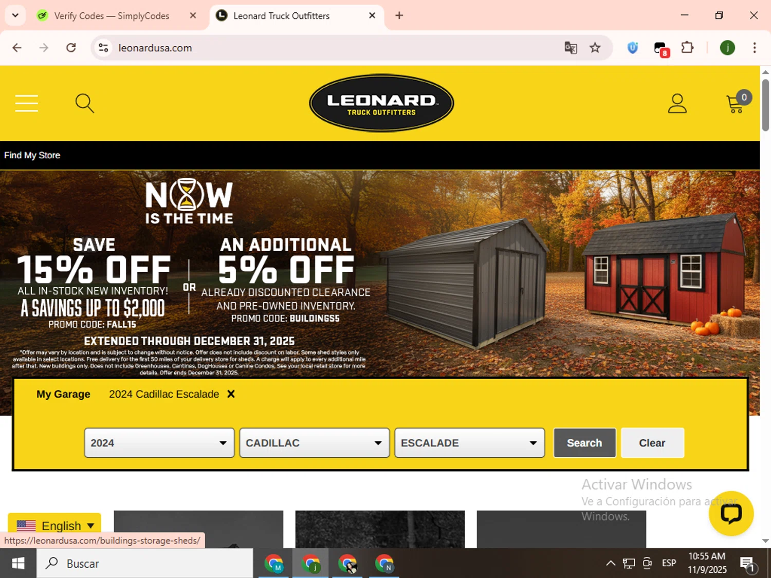 Leonard USA promo code screenshot showing code BUILDINGS5 applied at Leonard USA checkout page. Uploaded by SimplyCodes community member SavingsCollector2592 on Nov 9, 2025