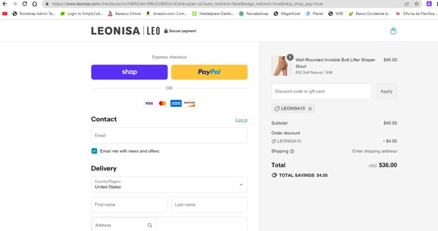 Leonisa checkout page showing Leonisa discount code box | Screenshot taken by SimplyCodes community member on Sep 5, 2025