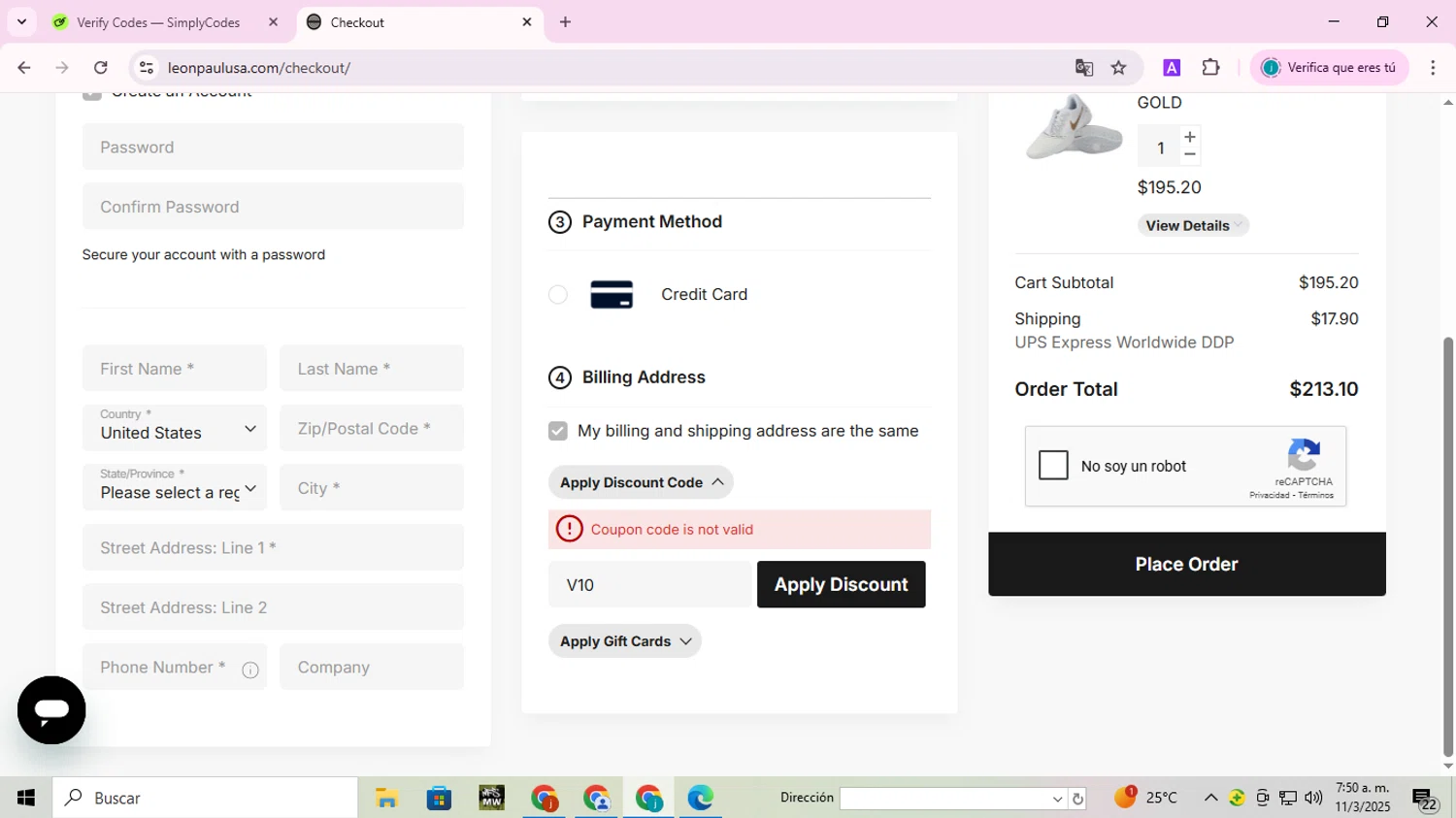 Leon Paul USA discount code screenshot showing code V10 applied at Leon Paul USA checkout page. Uploaded by SimplyCodes community member BudgetMaven6078 on Mar 11, 2025