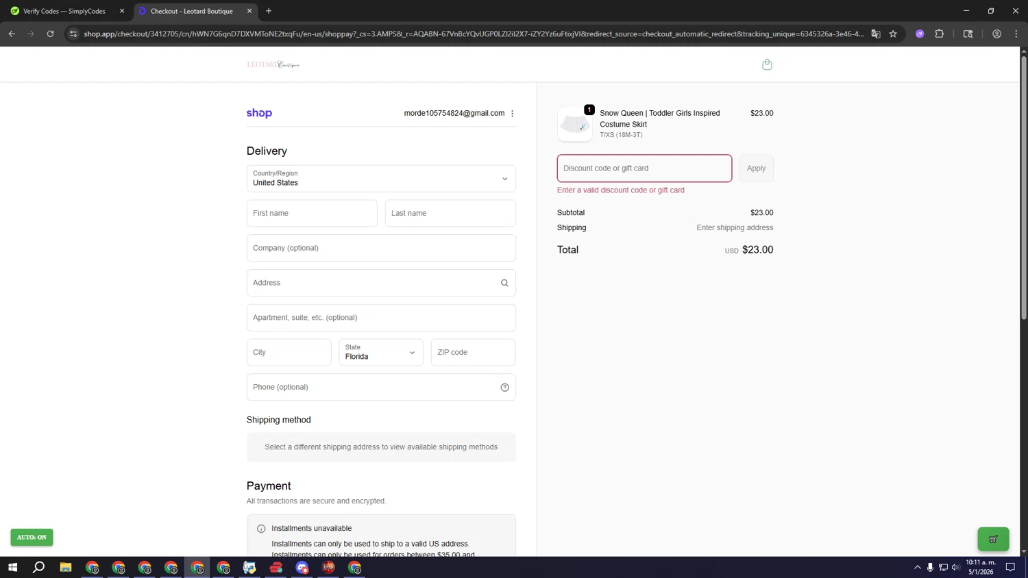 Leotard Boutique promo code screenshot showing code GOODBYE2025 applied at Leotard Boutique checkout page. Uploaded by SimplyCodes community member eeeeeeeeeeeeeeeeeeeeee on Jan 5, 2026
