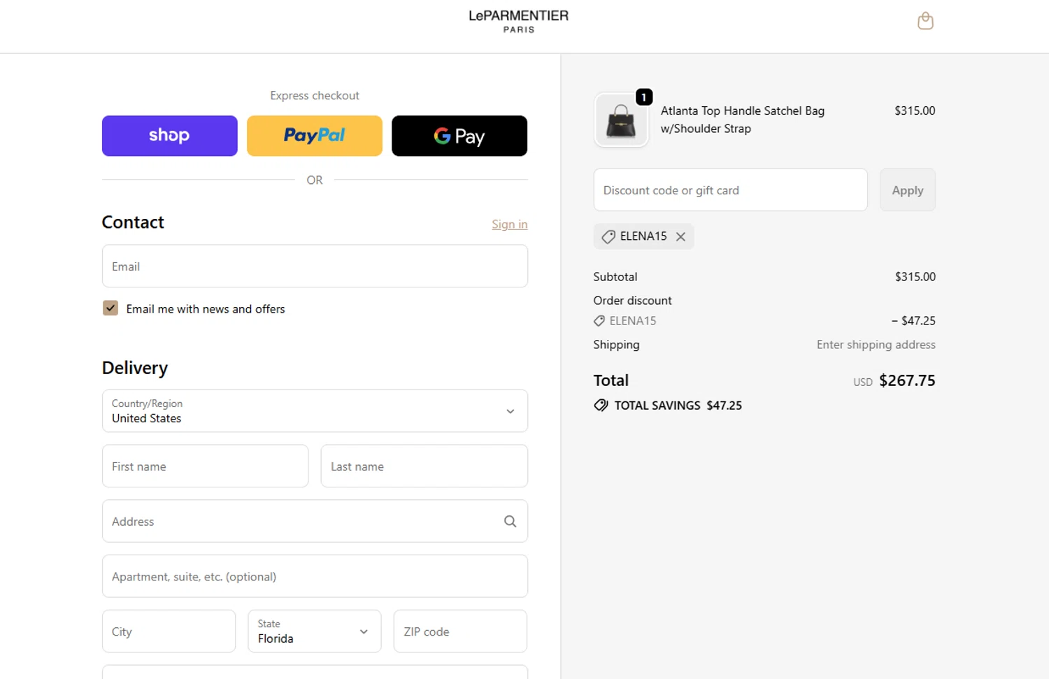 LeParmentier Paris promo code screenshot showing code ELENA15 applied at LeParmentier Paris checkout page. Uploaded by SimplyCodes community member joandgray9 on Nov 5, 2025