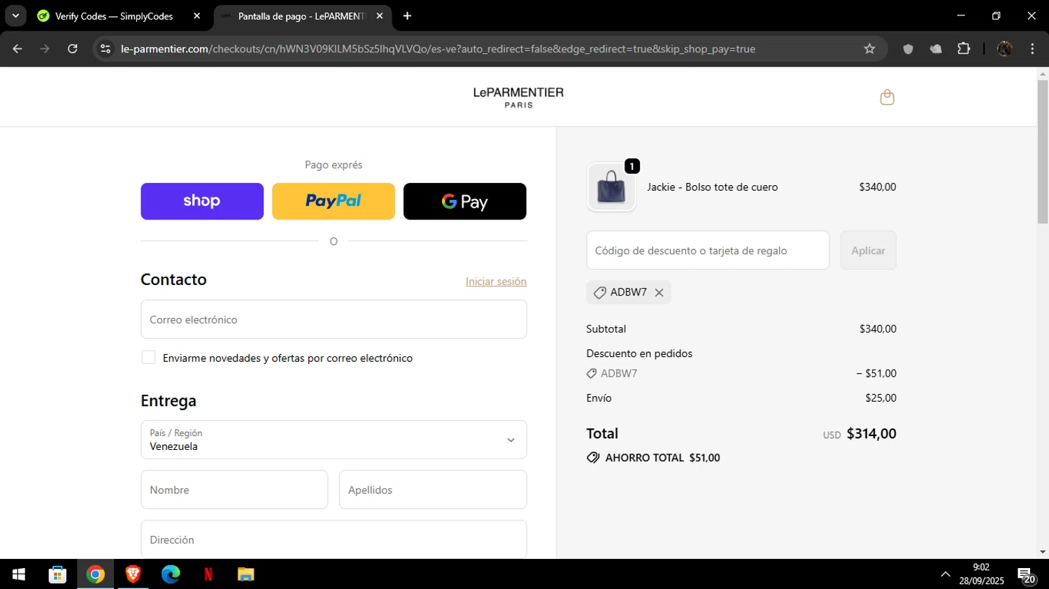 LeParmentier Paris promo code screenshot showing code ADBW7 applied at LeParmentier Paris checkout page. Uploaded by SimplyCodes community member Luckystrike on Sep 28, 2025