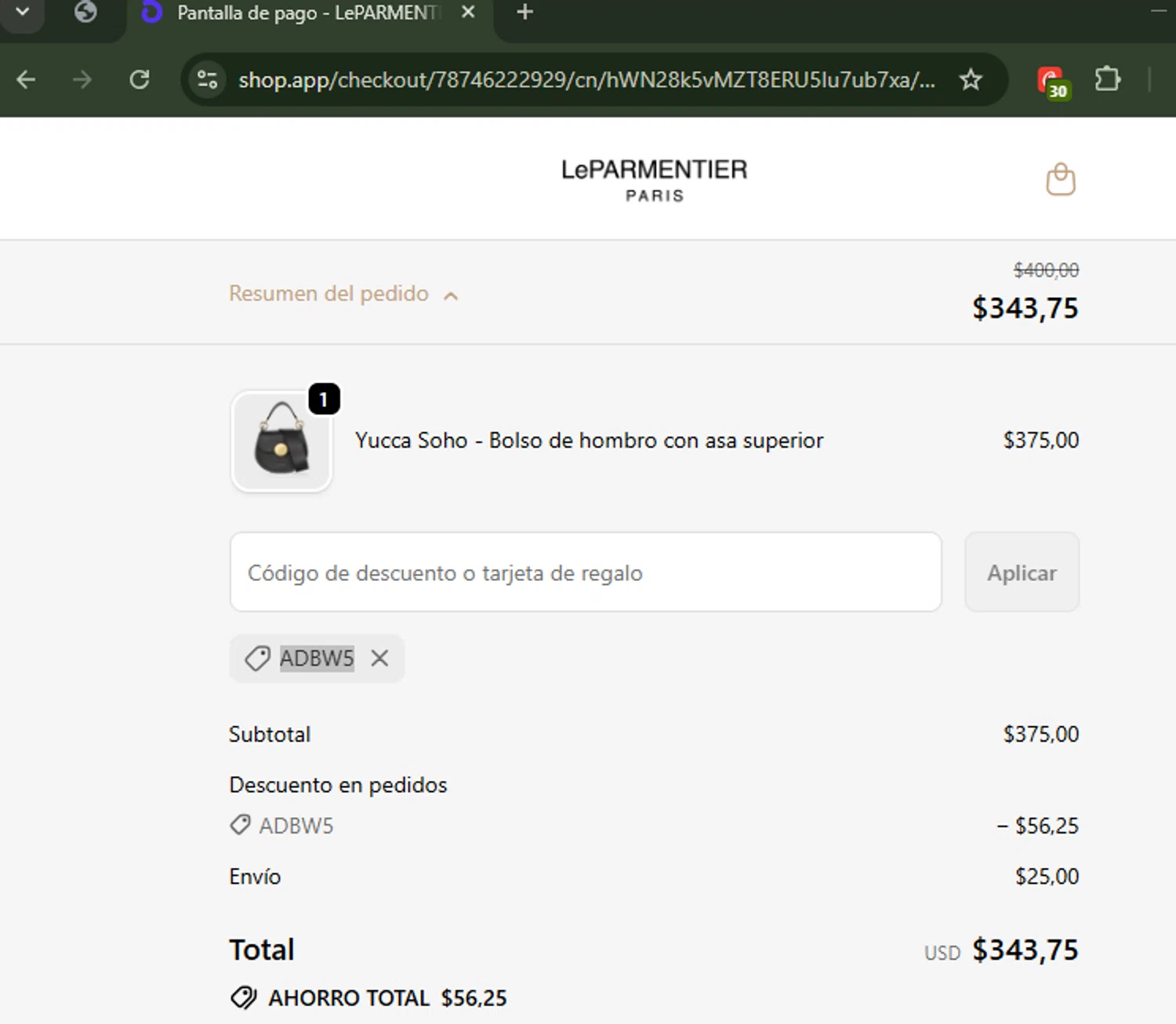 LeParmentier Paris promo code screenshot showing code ADBW5 applied at LeParmentier Paris checkout page. Uploaded by SimplyCodes community member Carolina23 on Sep 24, 2025