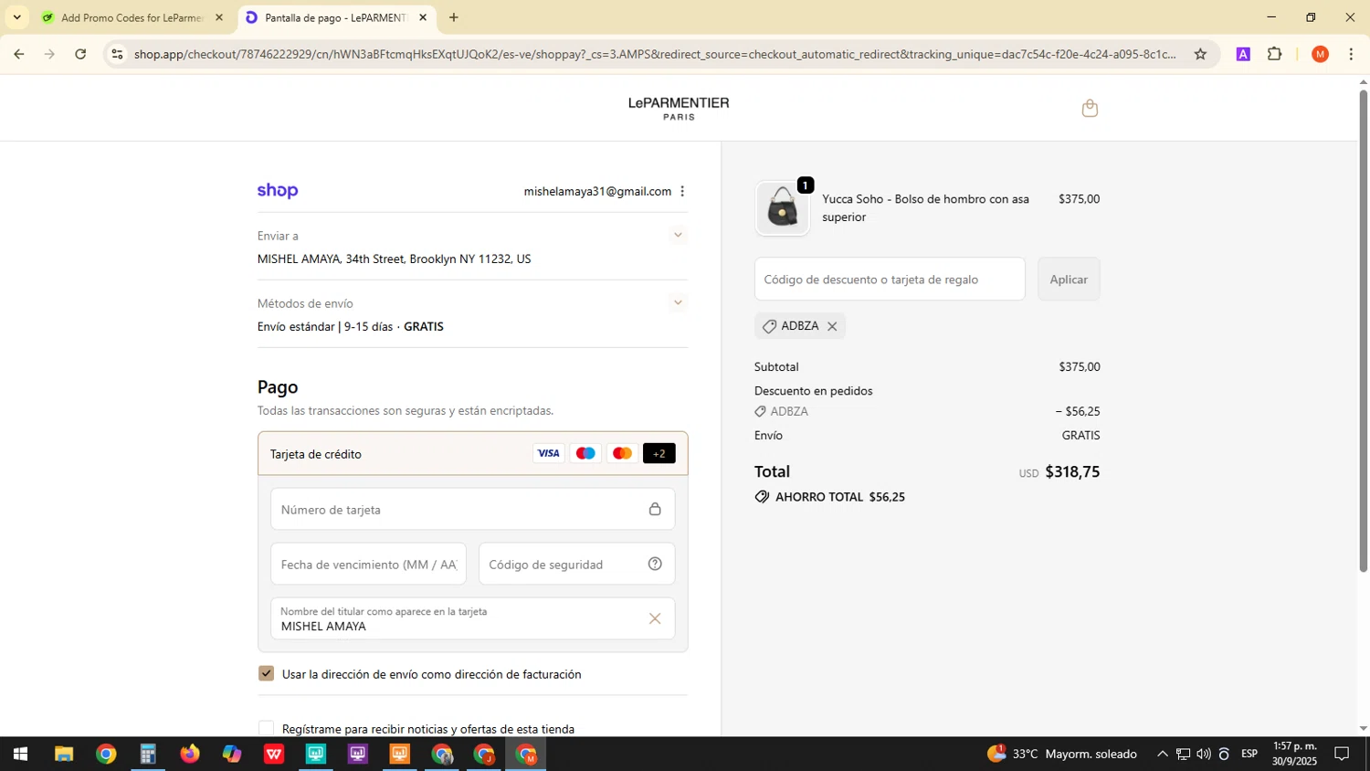 LeParmentier Paris promo code screenshot showing code ADBZA applied at LeParmentier Paris checkout page. Uploaded by SimplyCodes community member ExtraordinaryDefender1444 on Sep 30, 2025