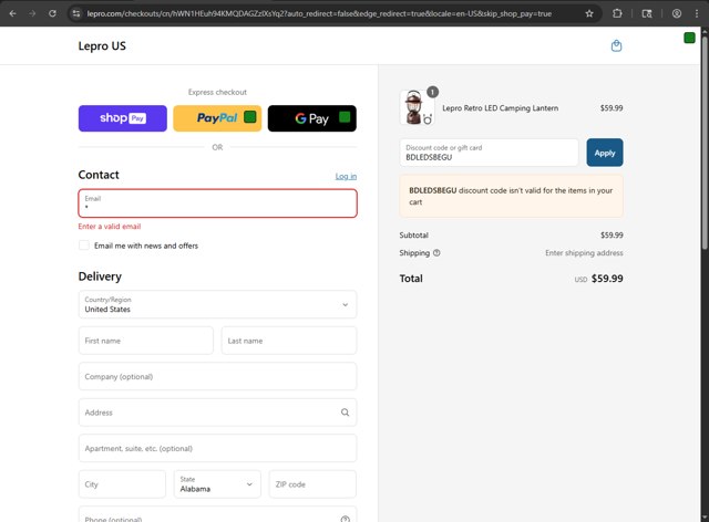 Lepro checkout page showing Lepro coupon code box | Screenshot taken by SimplyCodes community member on Aug 1, 2025