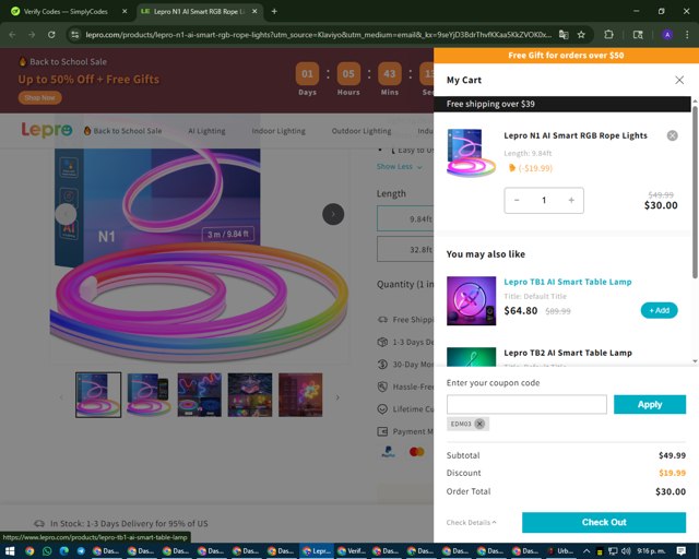Lepro checkout page showing Lepro coupon code box | Screenshot taken by SimplyCodes community member on Aug 15, 2025