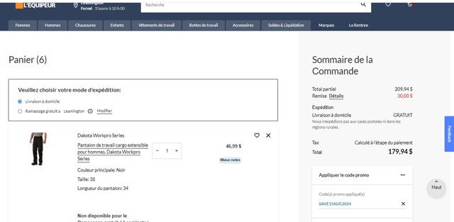 L'Equipeur checkout page showing L'Equipeur promo code box | Screenshot taken by SimplyCodes community member on Aug 23, 2024