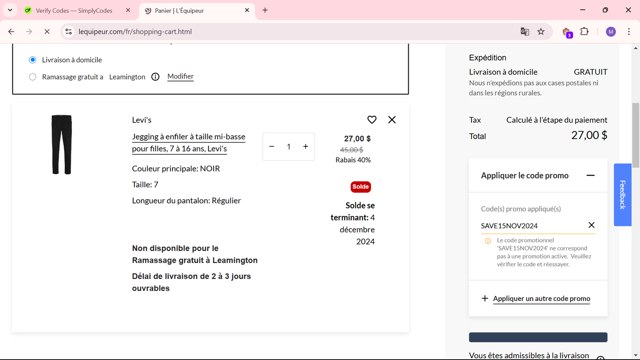 L'Equipeur checkout page showing L'Equipeur promo code box | Screenshot taken by SimplyCodes community member on Dec 2, 2024