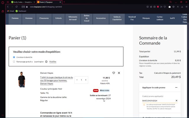 L'Equipeur checkout page showing L'Equipeur promo code box | Screenshot taken by SimplyCodes community member on Nov 27, 2024