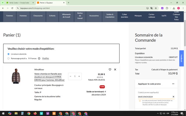 L'Equipeur checkout page showing L'Equipeur promo code box | Screenshot taken by SimplyCodes community member on Dec 2, 2024