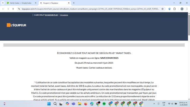 L'Equipeur checkout page showing L'Equipeur promo code box | Screenshot taken by SimplyCodes community member on Jun 12, 2025