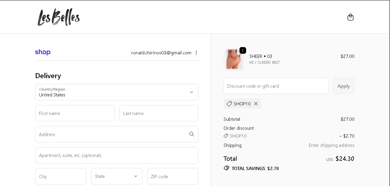 Les Belles promo code screenshot showing code SHOP10 applied at Les Belles checkout page. Uploaded by SimplyCodes community member PennySage5996 on Jan 11, 2026